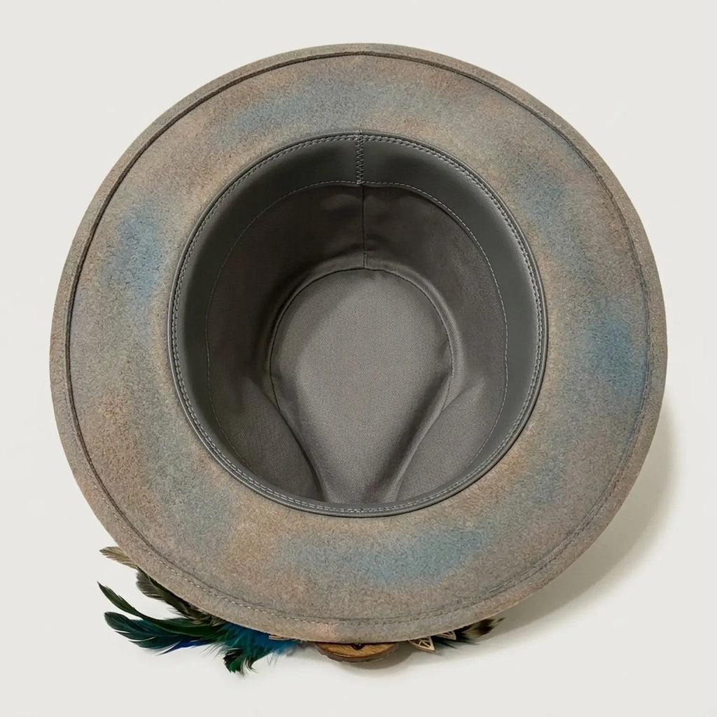 Turquoise Felt Fedora With Bronze Filigree And Blue Feathers