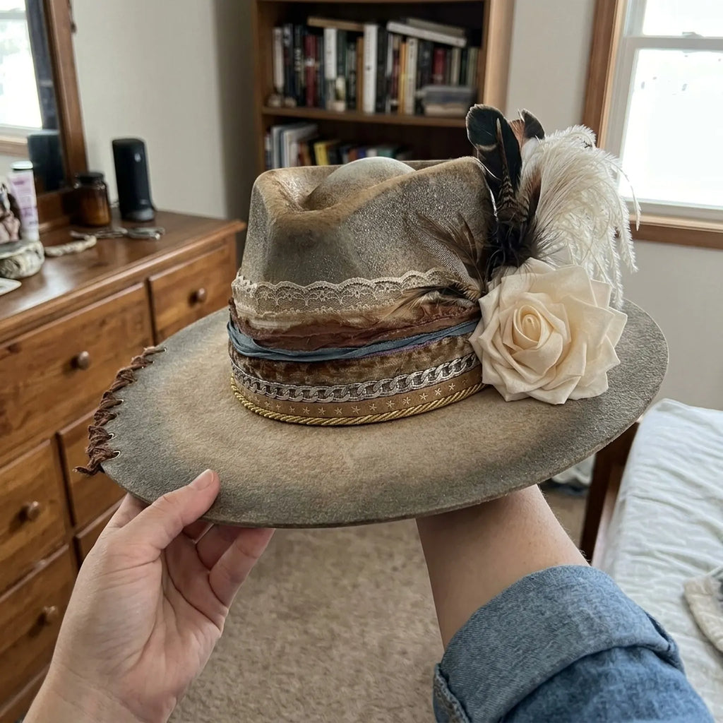 Distressed Gray Tan Felt Western Hat Cream Rose Lace Trim