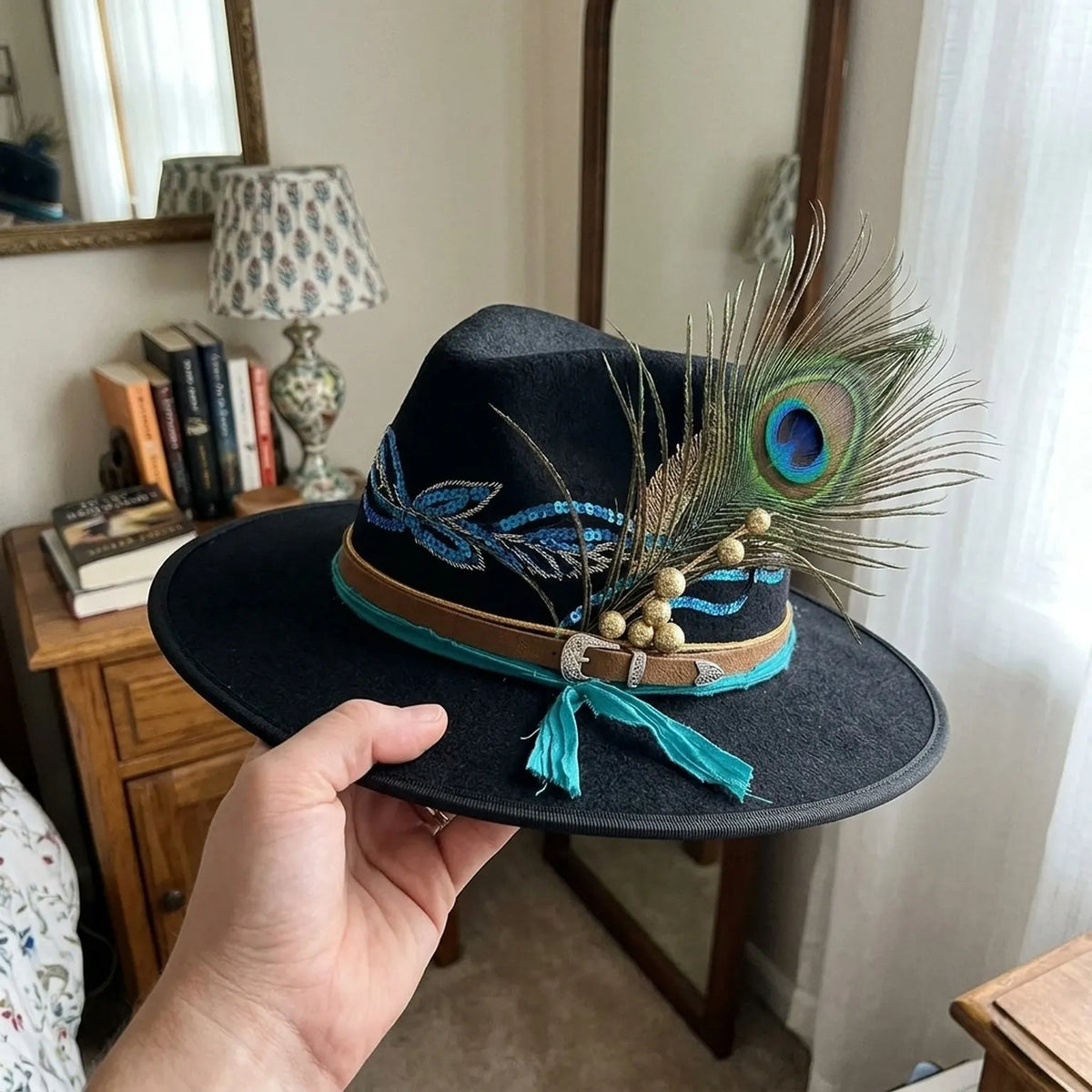 Black Felt Fedora with Blue Sequin Leaves and Peacock Feather