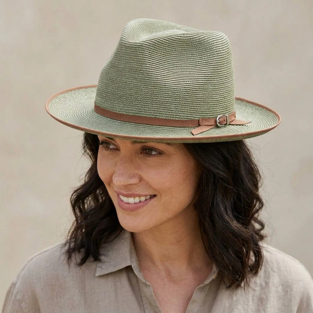 Sage Green Straw Fedora with Leather Buckle Detail