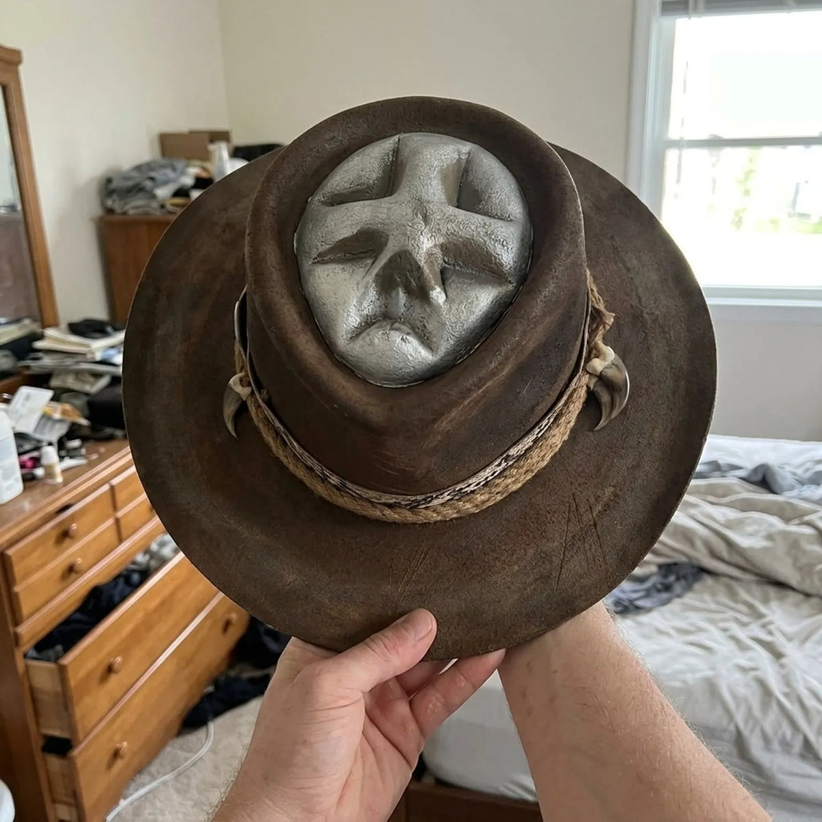 Distressed Brown Leather Western Hat with Snake Band Teeth