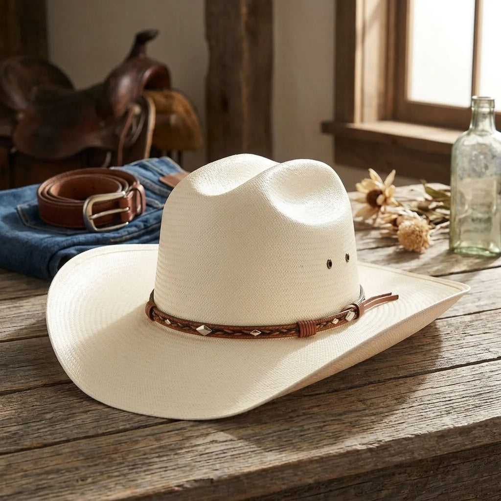 Unisex White Straw Cowboy Hat with Diamond Concho Leather Band