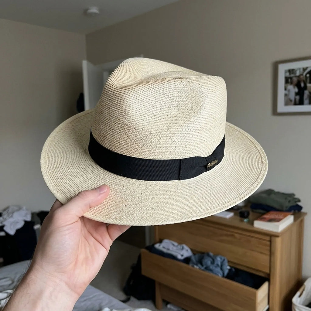 Off White Straw Fedora with Black Grosgrain Band, Classic Summer