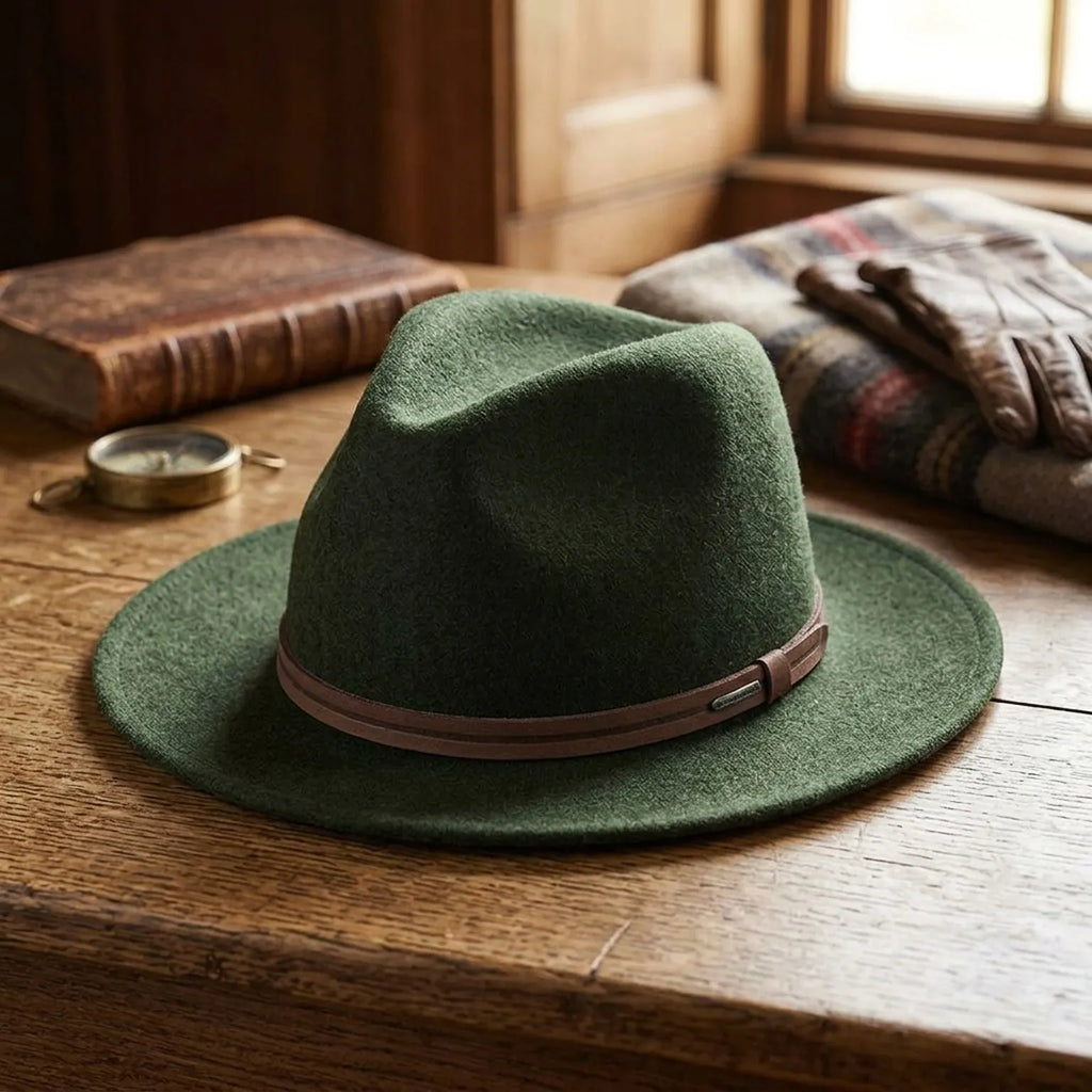 Forest Green Wool Felt Fedora with Brown Leather Band and Buckle