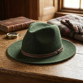 Forest Green Wool Felt Fedora with Brown Leather Band and Buckle