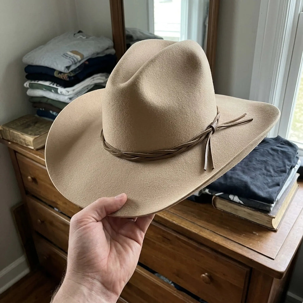 Tan Wool Felt Cowboy Hat with Braided Leather Tassel Band