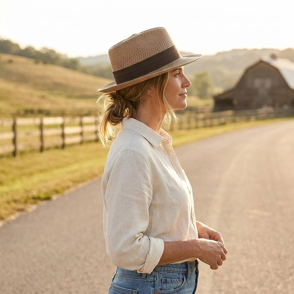 Brown Straw Fedora Hat with Open Weave Crown and Wide Band