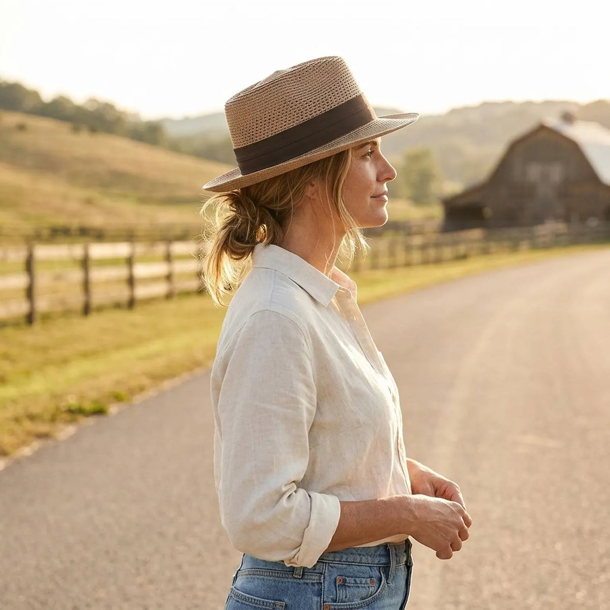 Brown Straw Fedora Hat with Open Weave Crown and Wide Band