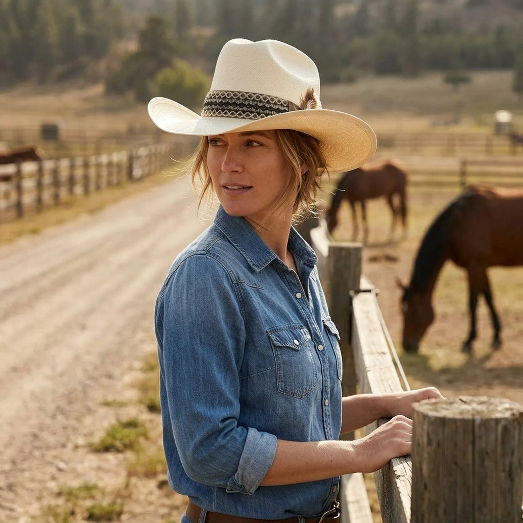 Cream Straw Cowboy Hat with Woven Band and Side Bow Detail