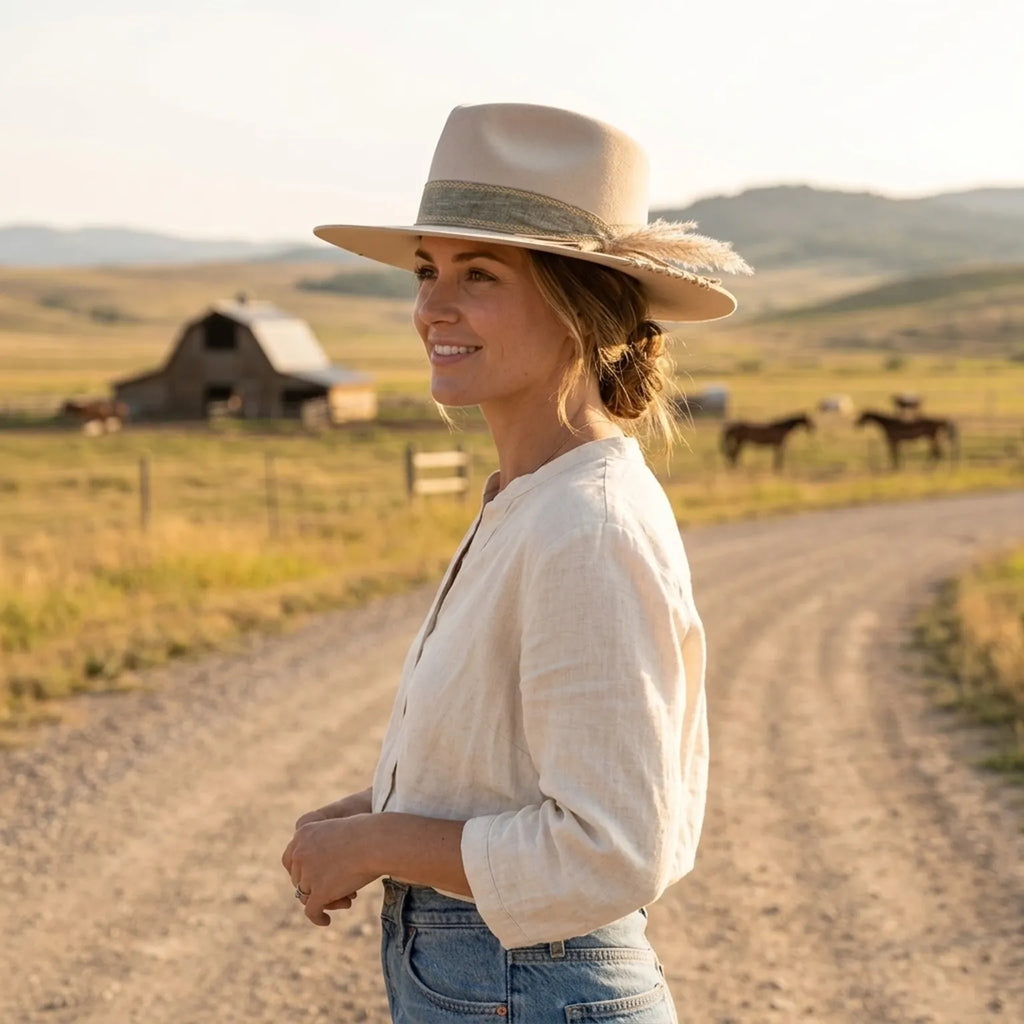 Sand Felt Fedora With Linen Band And Wheat Stem Accent