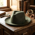 Olive Green Wool Felt Fedora with Grosgrain Band and Feather