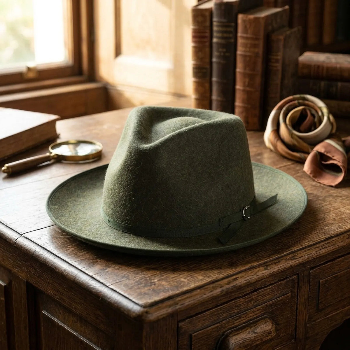 Olive Green Wool Felt Fedora with Grosgrain Band and Feather