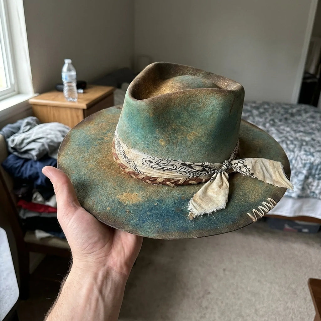 Distressed Green and Rust Felt Western Hat with Bandana Wrap