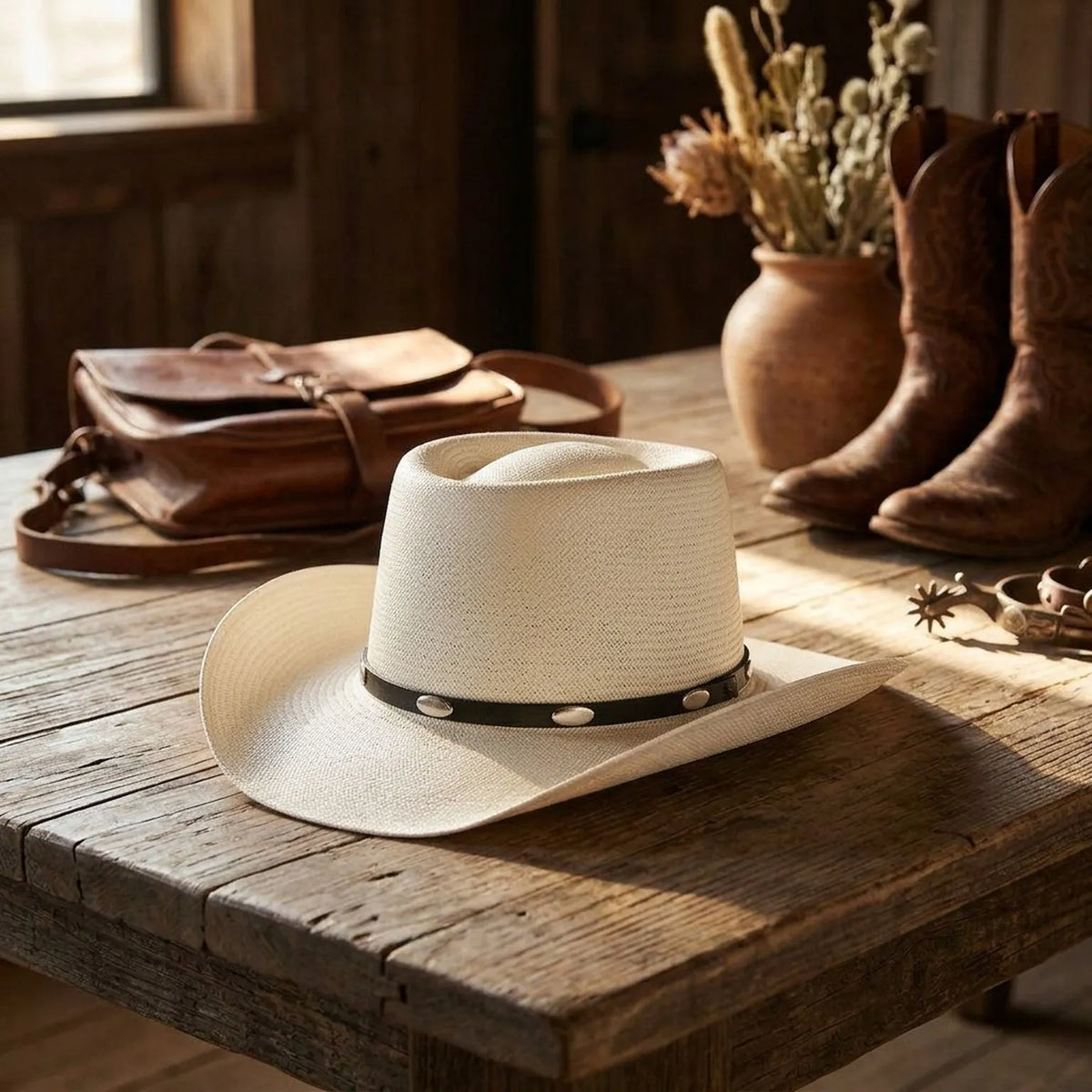 White Straw Western Hat with Concho Band for Country Style