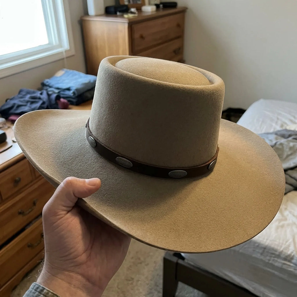 Tan Wool Felt Western Hat with Leather Band and Metal Concho Trim
