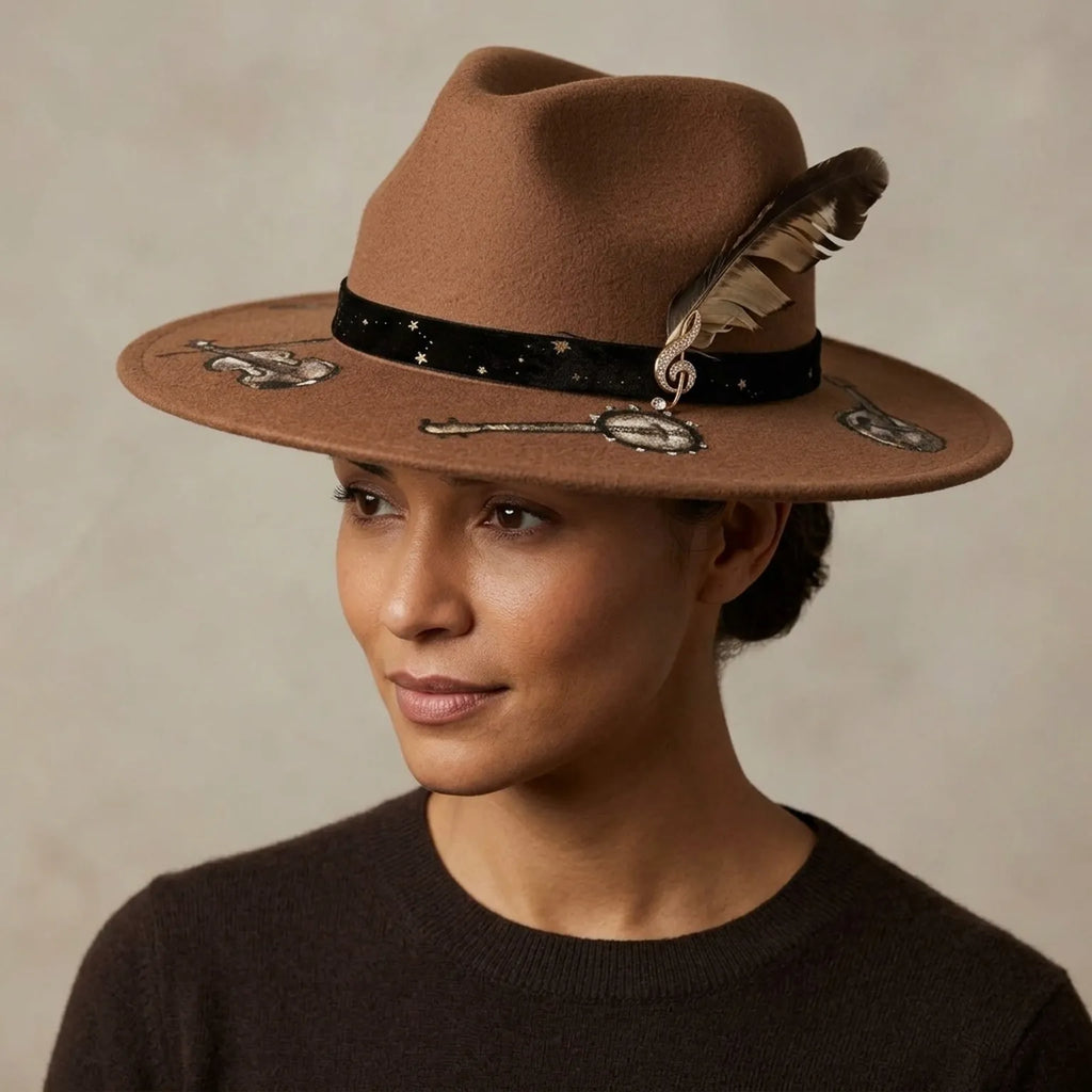 Brown Fedora with Musical Instrument Art, Velvet Band and Feather