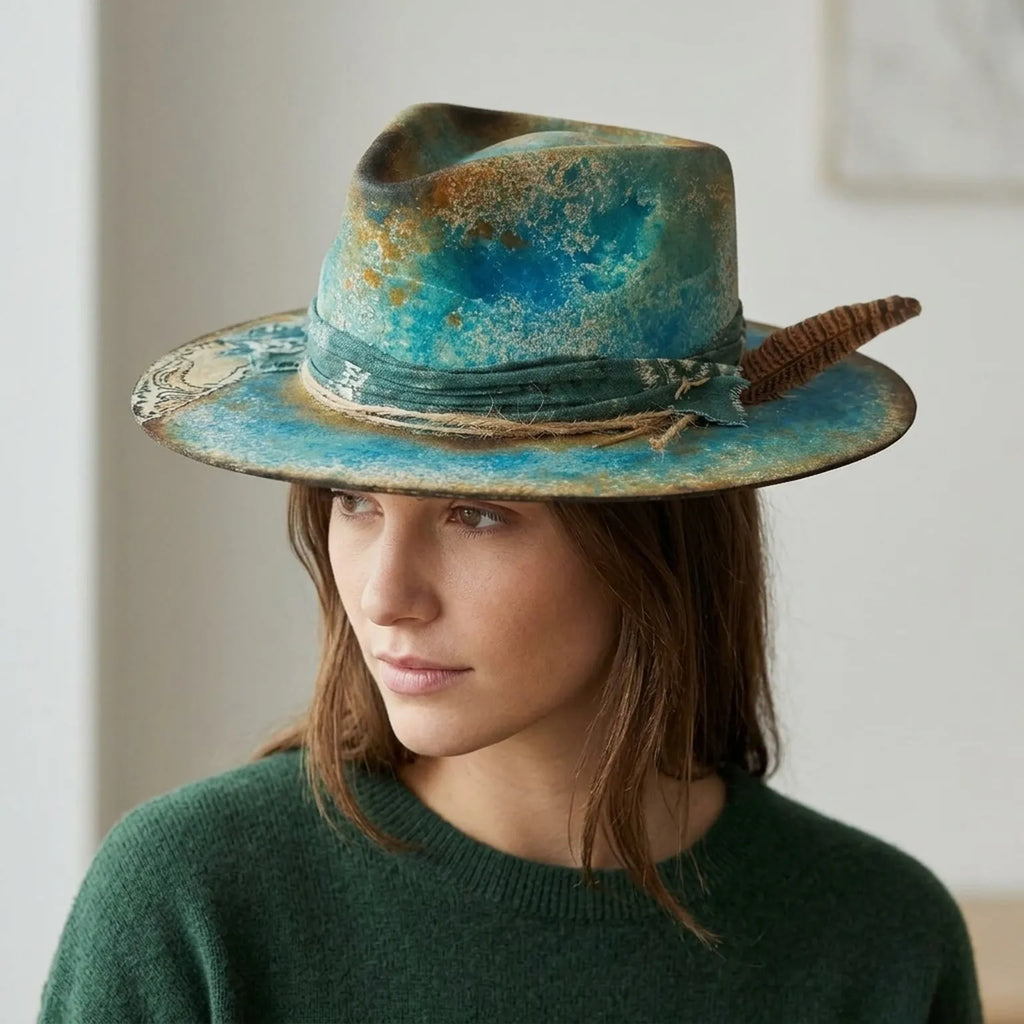 Turquoise Felt Western Hat with Dark Band and Striped Feather