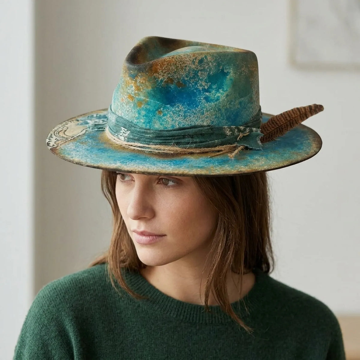 Turquoise Felt Western Hat with Dark Band and Striped Feather