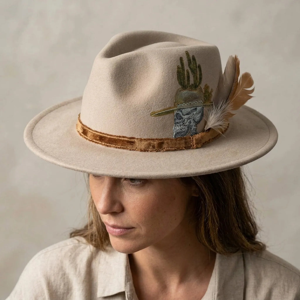 Beige Fedora with Cactus Skull Embroidery and Feather Accent