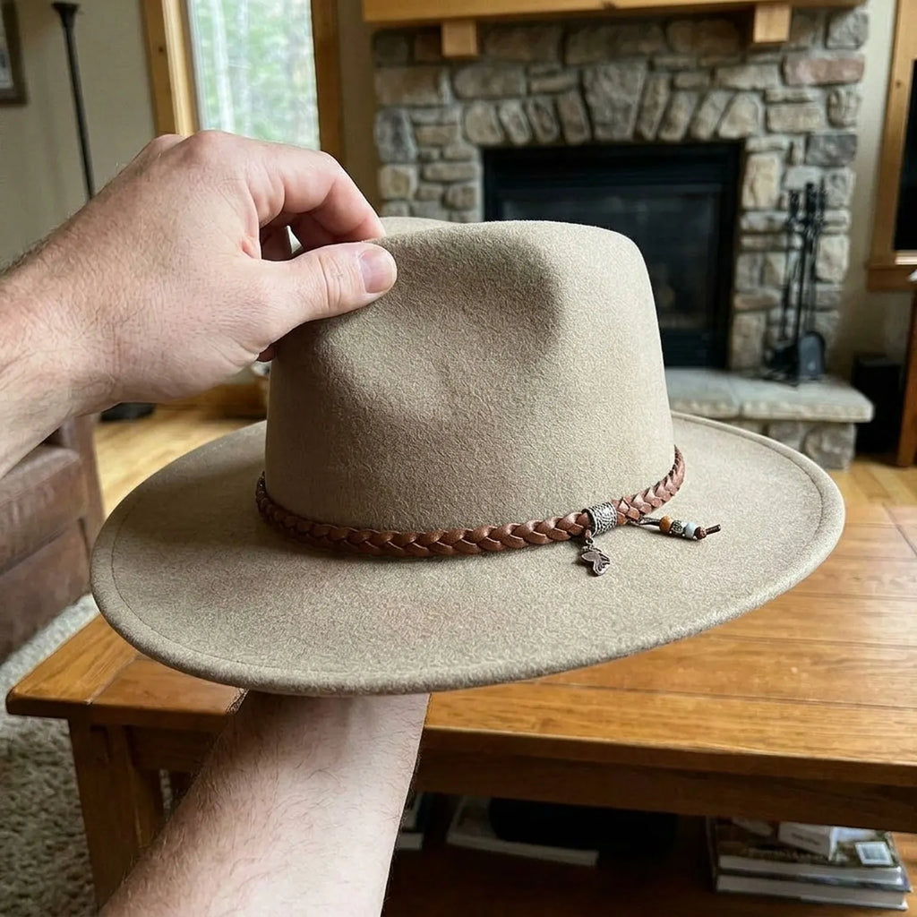 Unisex Beige Wool Felt Western Hat with Braided Leather Band