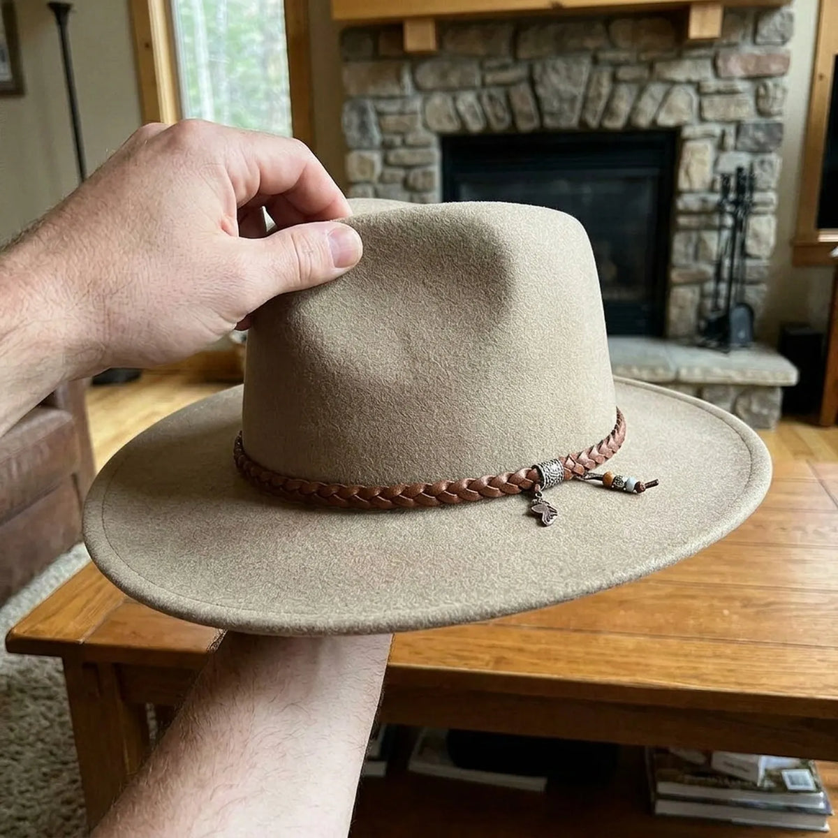 Unisex Beige Wool Felt Western Hat with Braided Leather Band