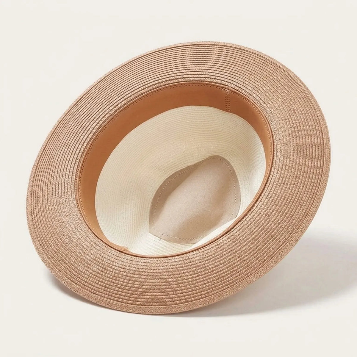 Two-Tone Cream and Tan Straw Sun Hat with Gold Band