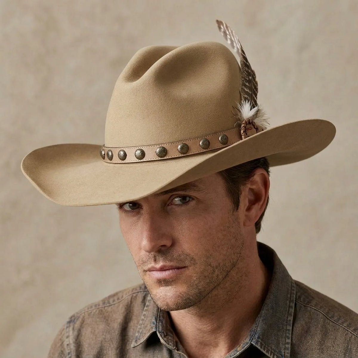 Tan Felt Cowboy Hat with Feather and Studded Leather Band