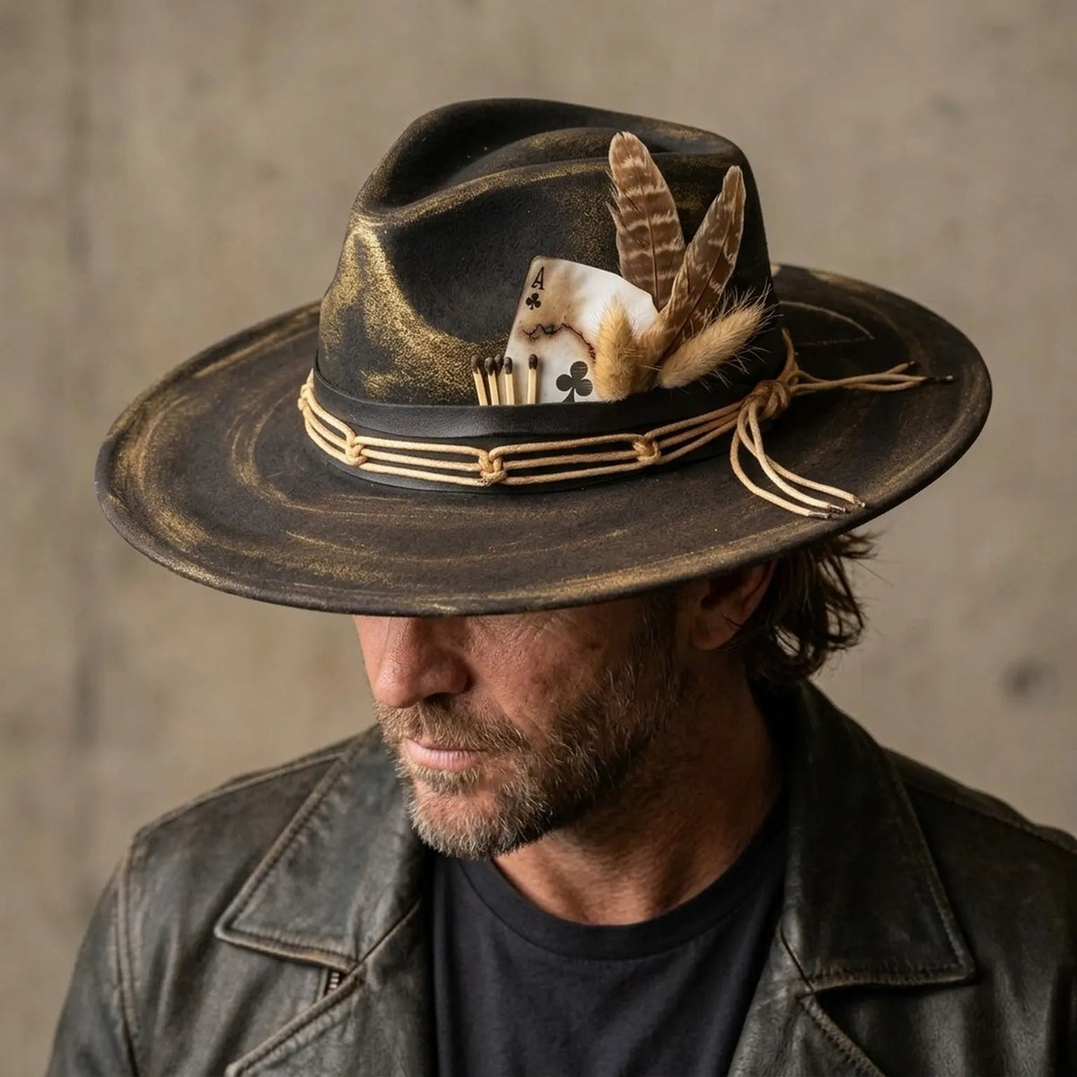 Distressed Black Gold Fedora Hat Feather Playing Card Western Style