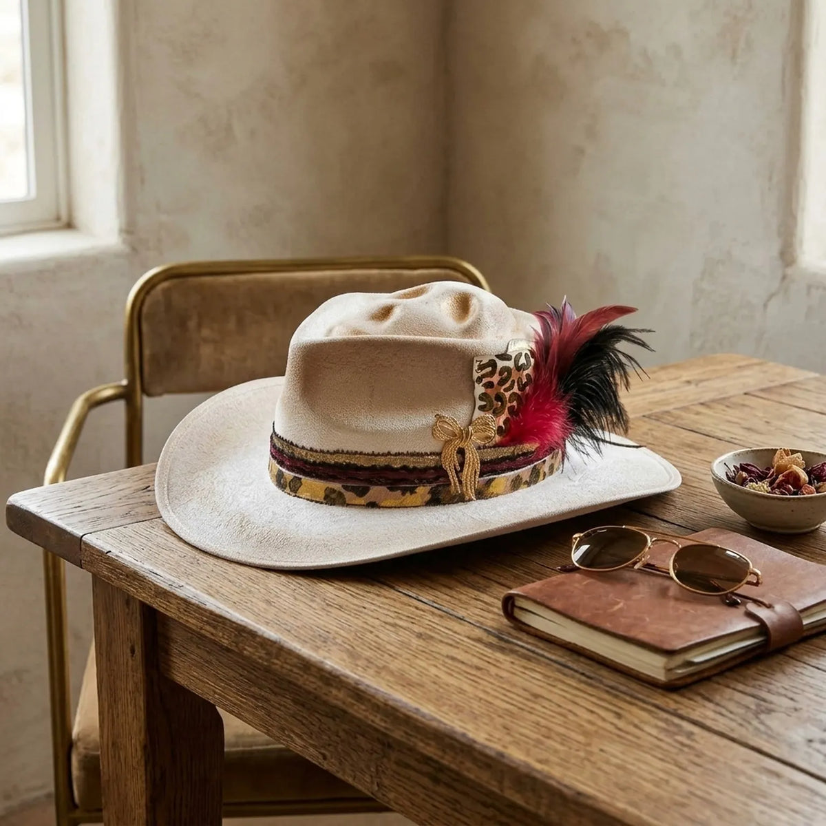 Glam Cream Fedora with Leopard Band and Feather Accent