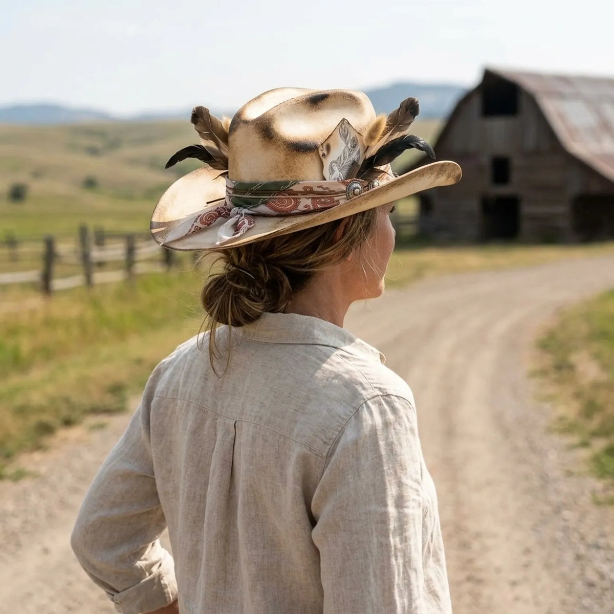 Burnt Cream Cowboy Hat with Paisley Band and Feather Cards