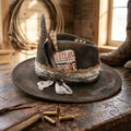 Dark Brown Outlaw Fedora Bullet Feathers Barbed Wire Band Western Hat