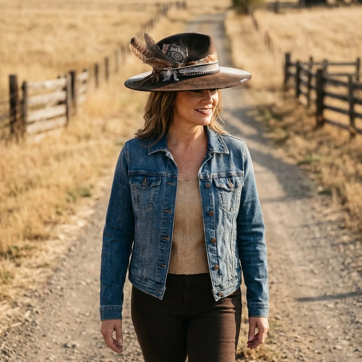Dark Brown Fedora with Whiskey Patch, Feathers and Bullet Charm
