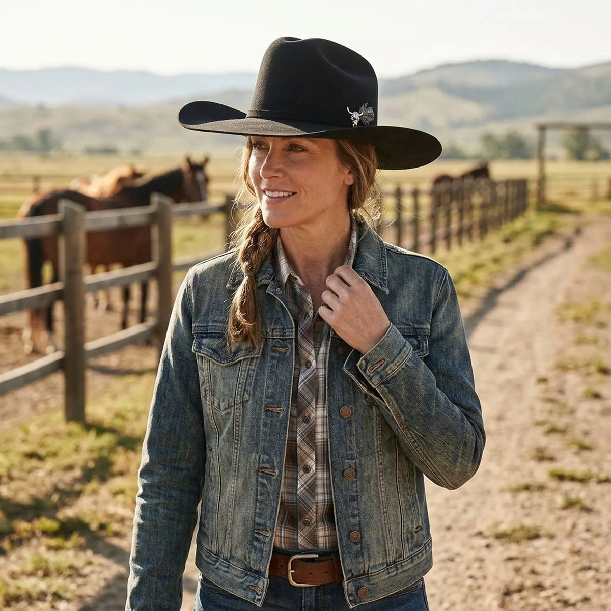 Black Felt Western Hat with Wide Flat Brim and Side Pin Detail