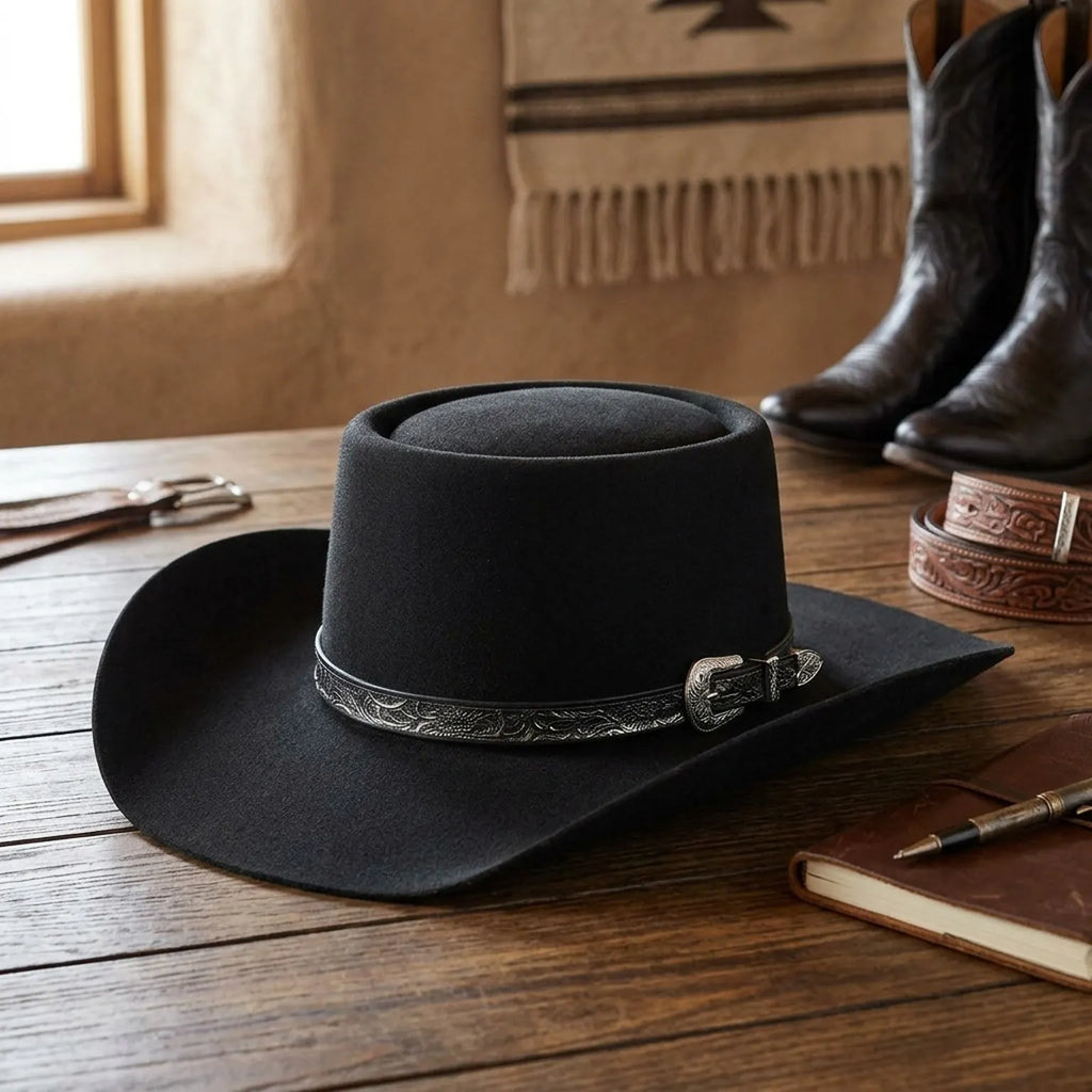 Black Flat Crown Western Hat With Embossed Band