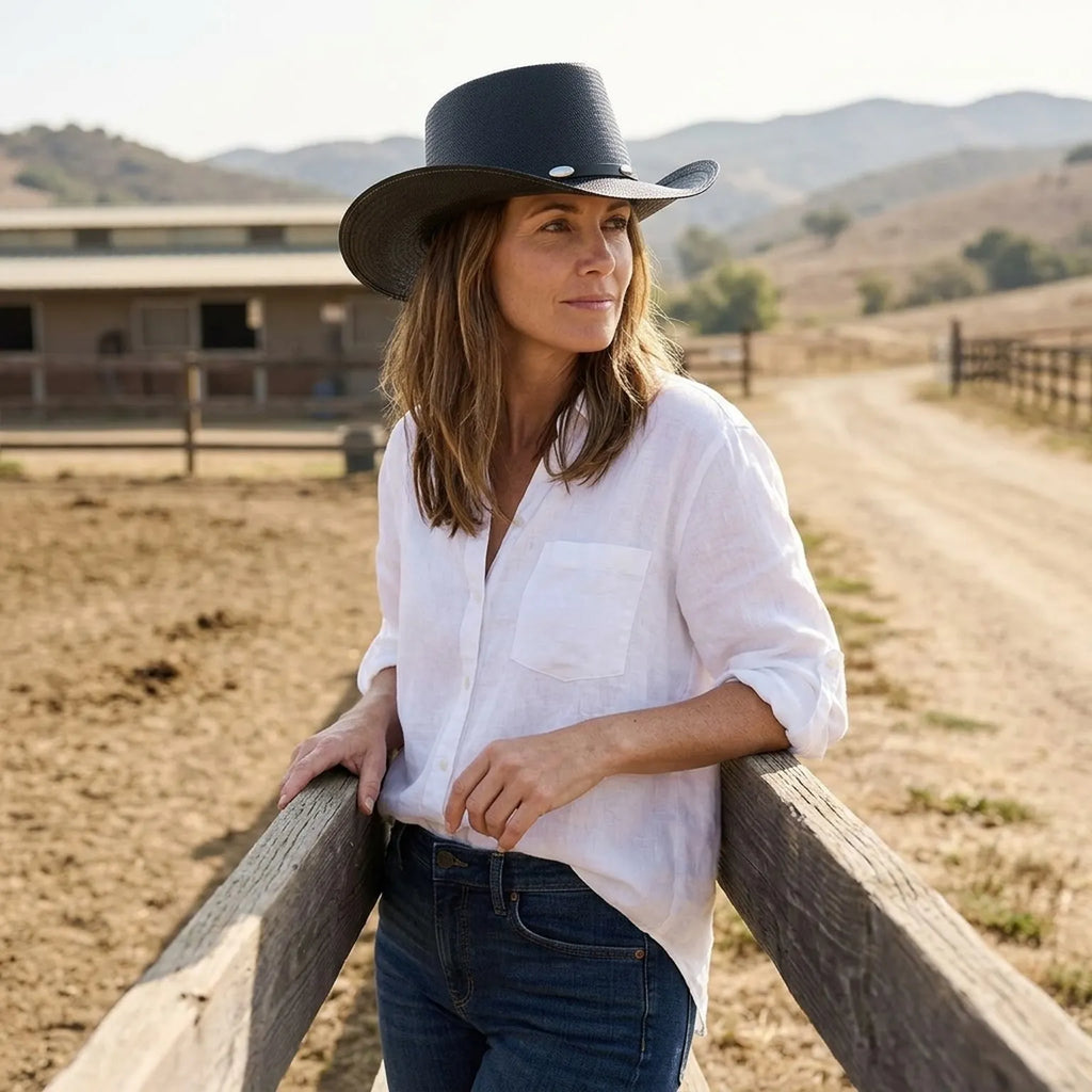 Black Straw Western Hat with Silver Conchos and Brim