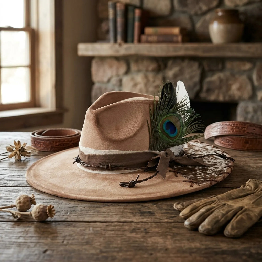 Tan Western Hat Peacock Feather Cowhide Patch Barbed Wire Band