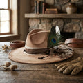 Tan Western Hat Peacock Feather Cowhide Patch Barbed Wire Band