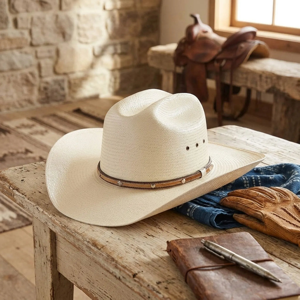 Cream Straw Cowboy Hat with Studded Leather Hatband Detail