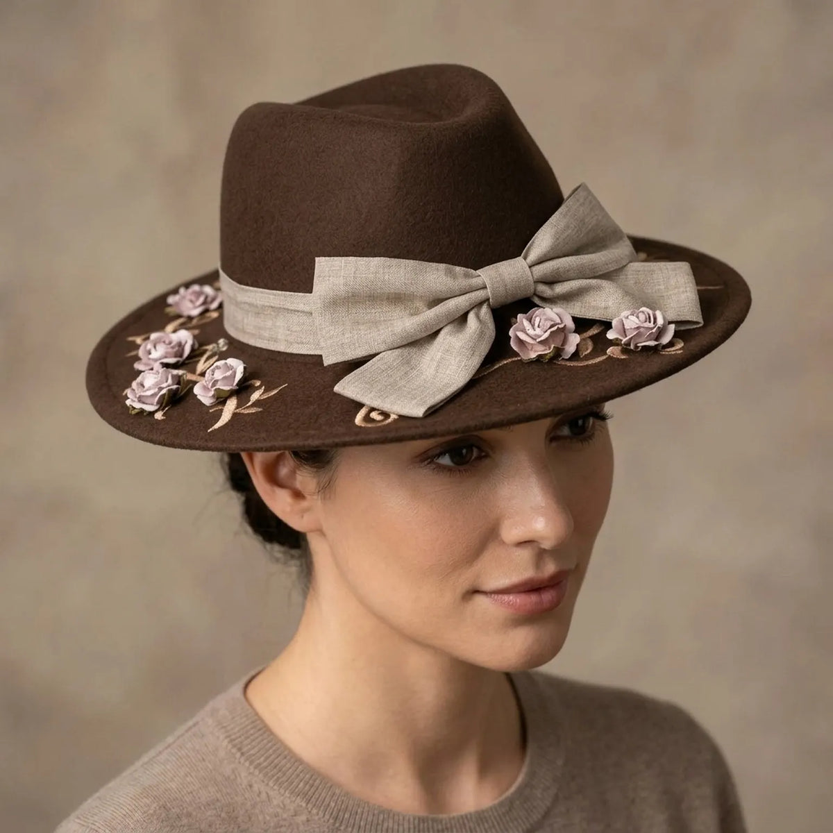 Brown Felt Floppy Hat Linen Bow Floral Embroidery Trim