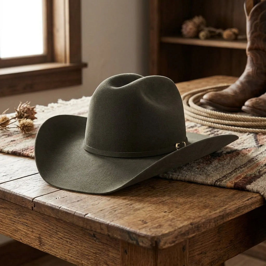 Unisex Olive Wool Felt Cowboy Hat with Pin Accent Detail