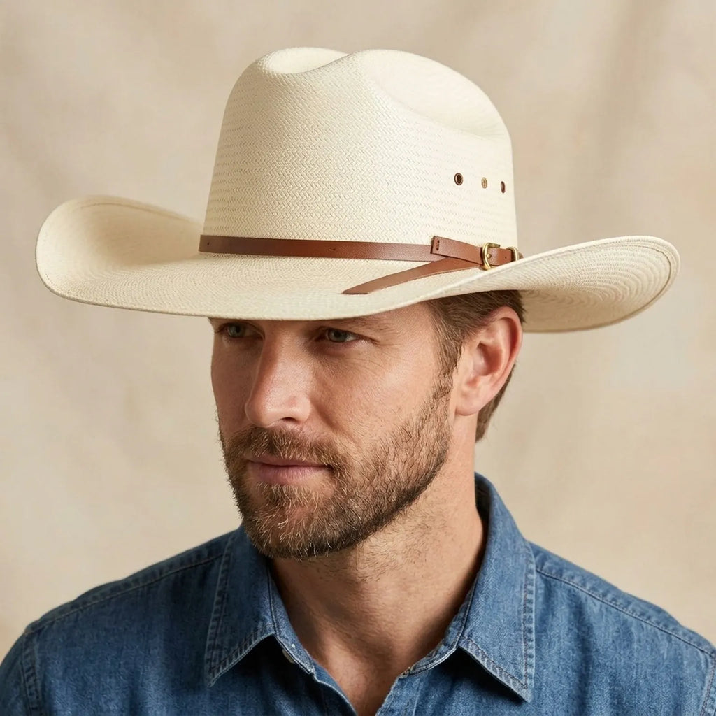 Cream White Straw Cowboy Hat with Leather Tie Band, Sun Ready