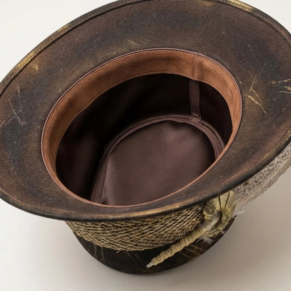 Dark Distressed Fedora Rope Band Speckled Feather Boho Ranch Hat