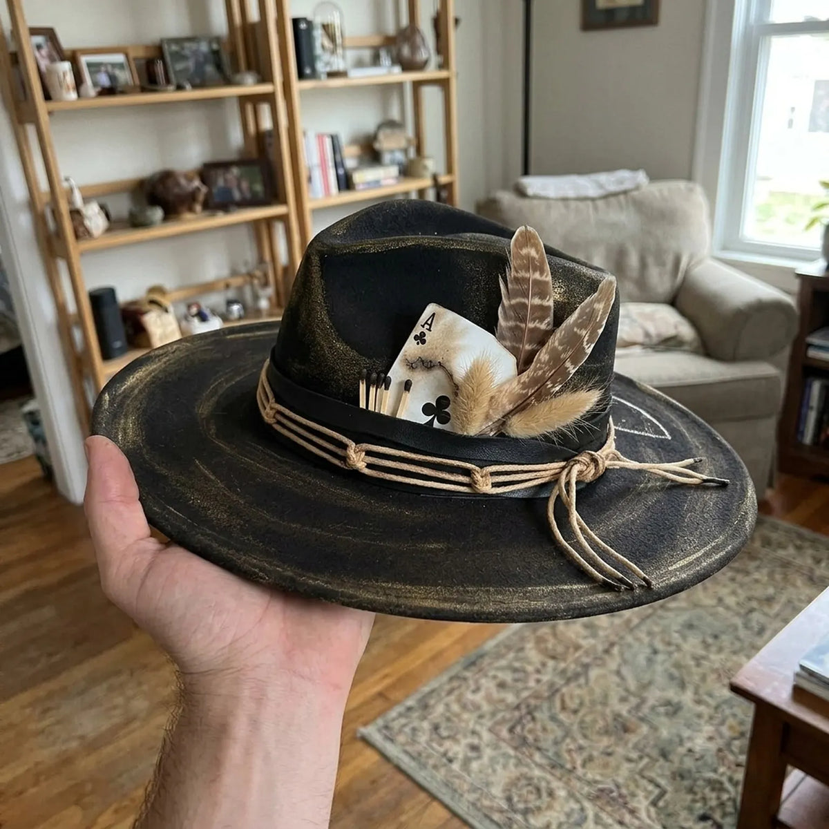 Distressed Black Gold Fedora Hat Feather Playing Card Western Style