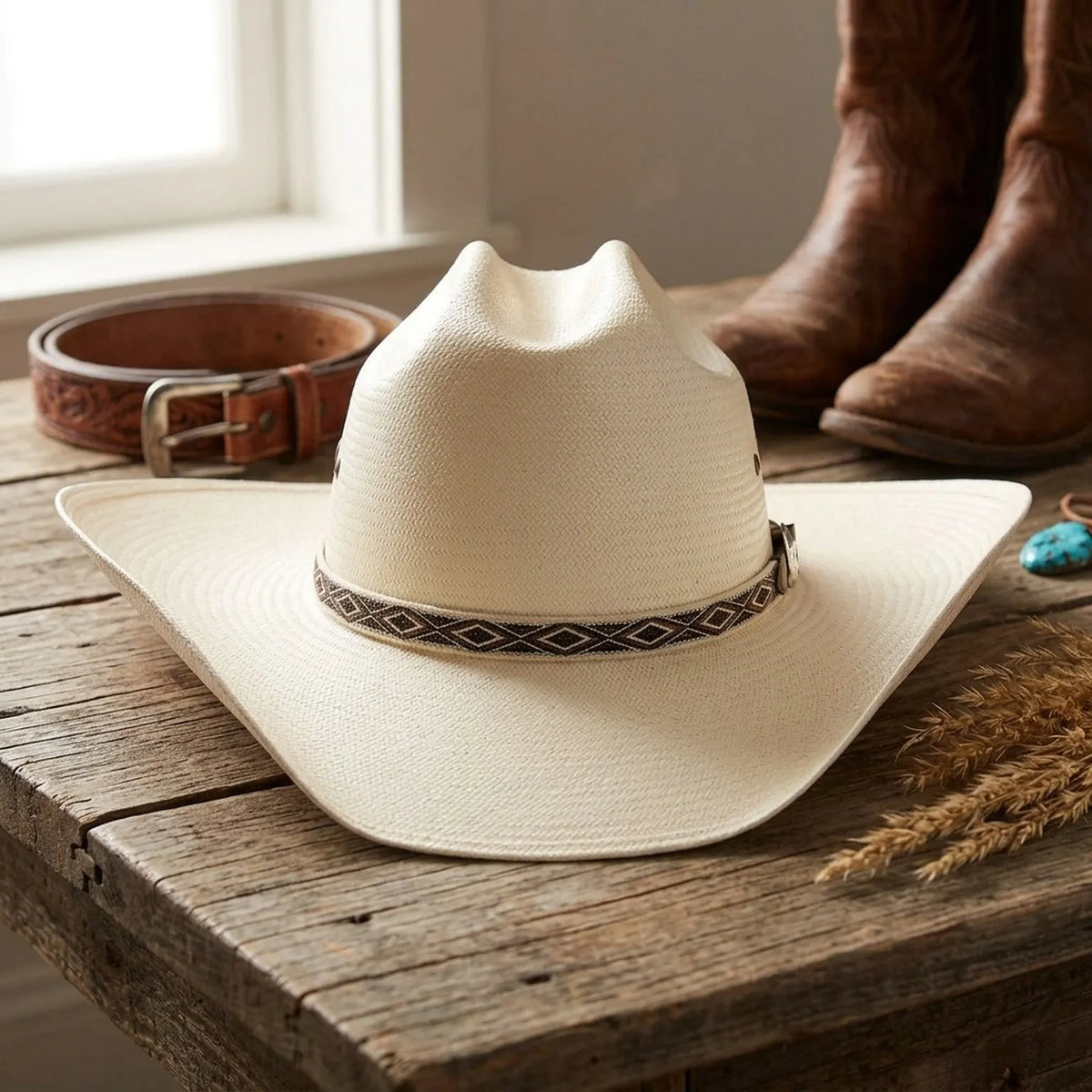 Ivory Straw Western Hat with Geometric Patterned Woven Band