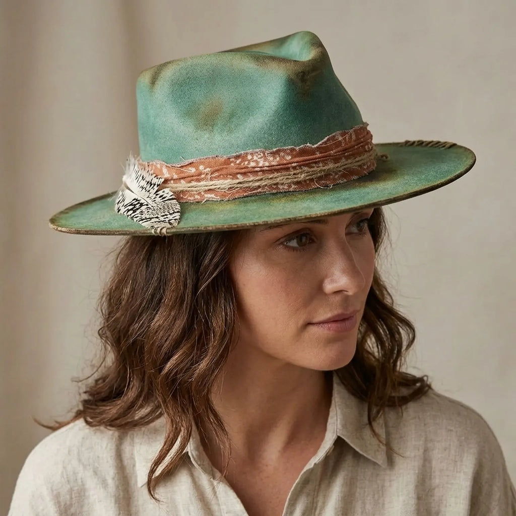 Moss Green Felt Fedora with Patterned Band and Wire Brim