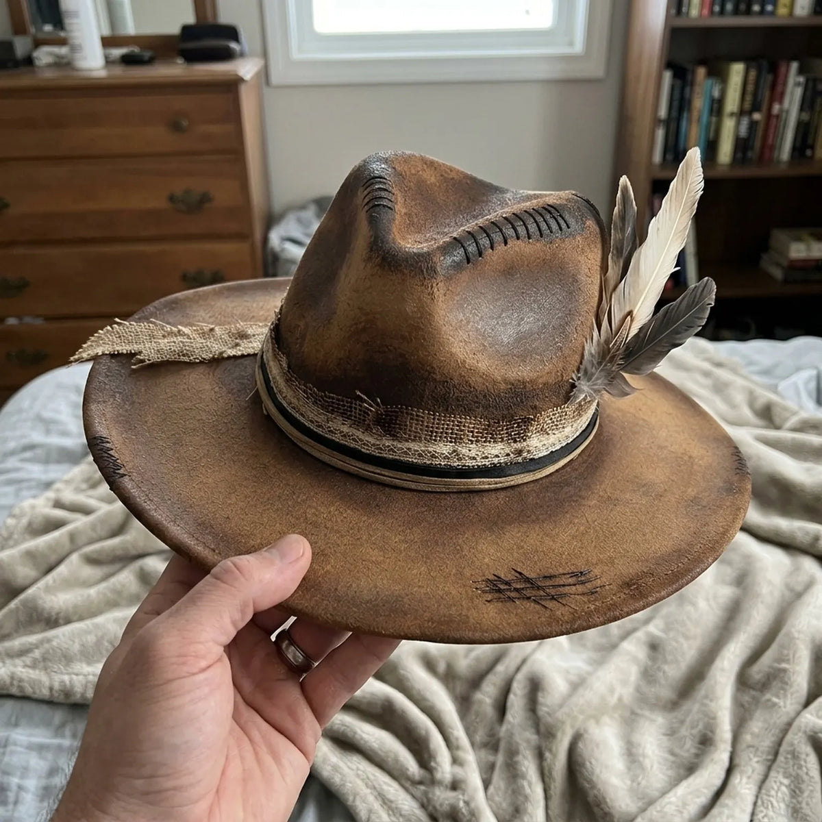 Brown Distressed Fedora Burlap Band Feather Cross Stitch Boho Western