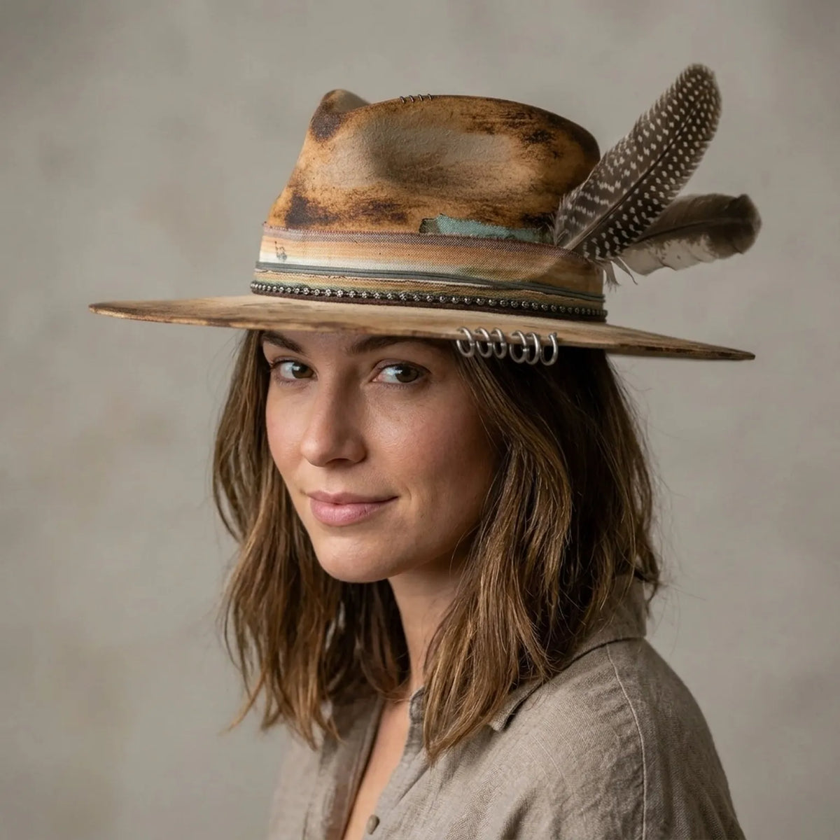 Weathered Tan Fedora with Turquoise Beads and Feather Band