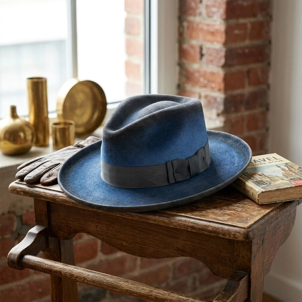 Two-Tone Blue Wool Fedora with Grey Ribbon Bow Detail