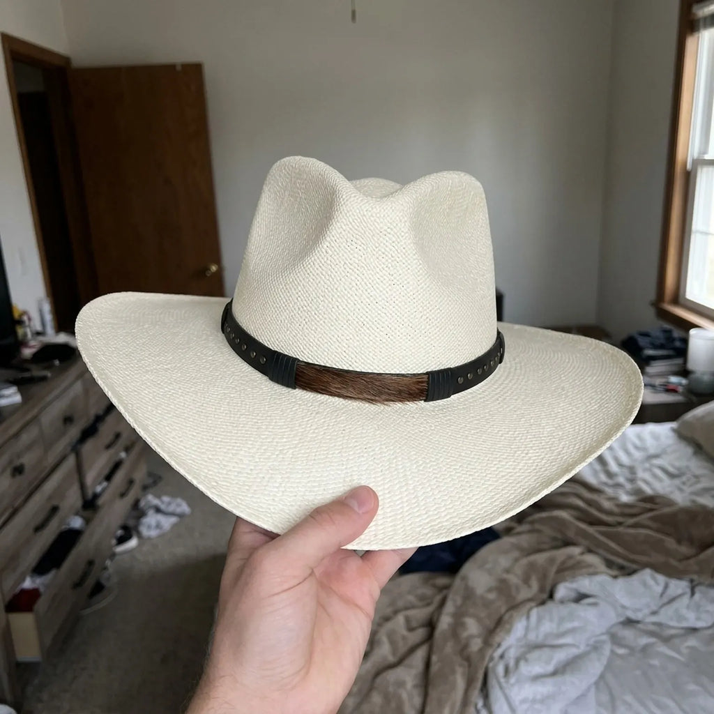Ivory Straw Western Hat with Leather Band and Wide Brim