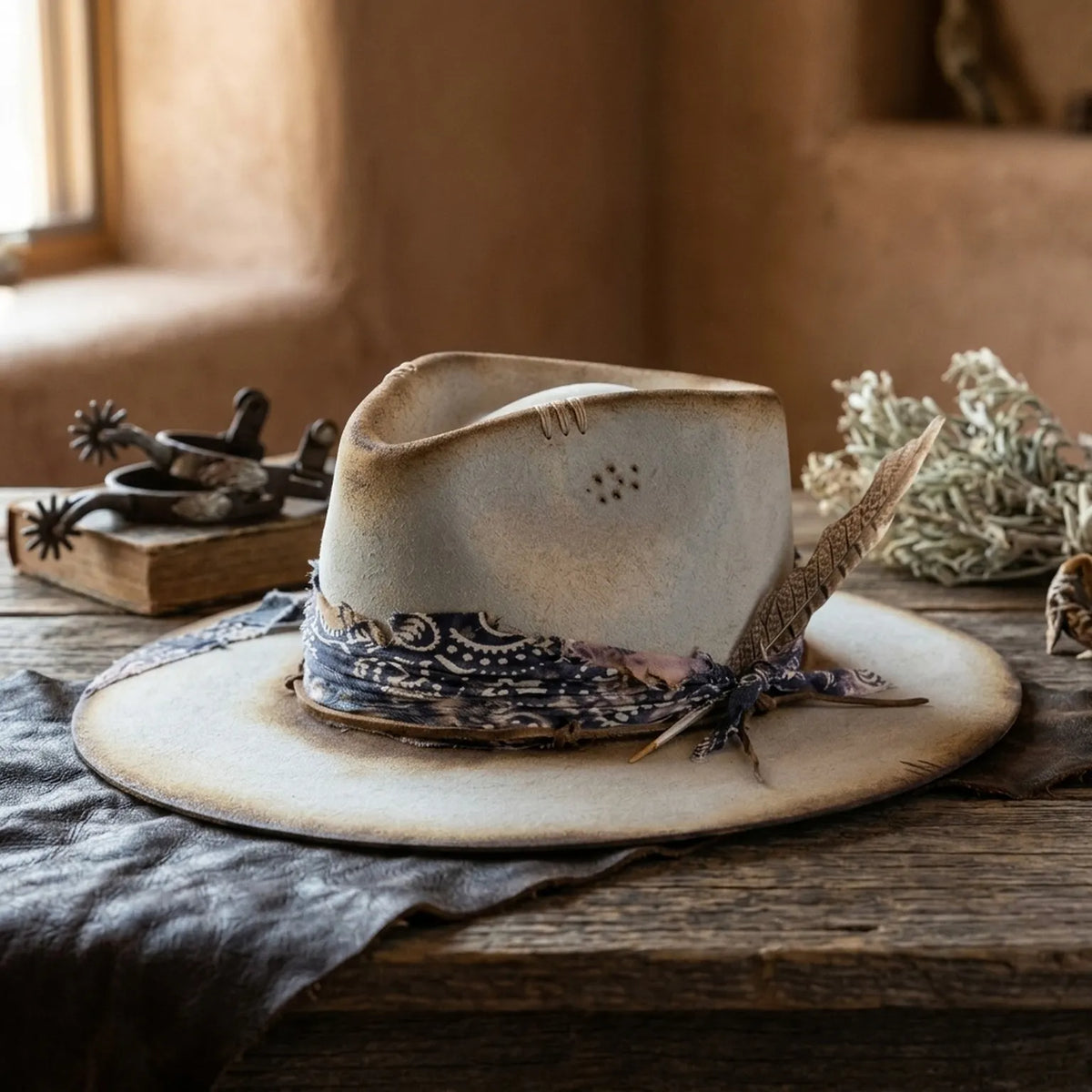 Beige Distressed Western Hat with Paisley Band and Feather